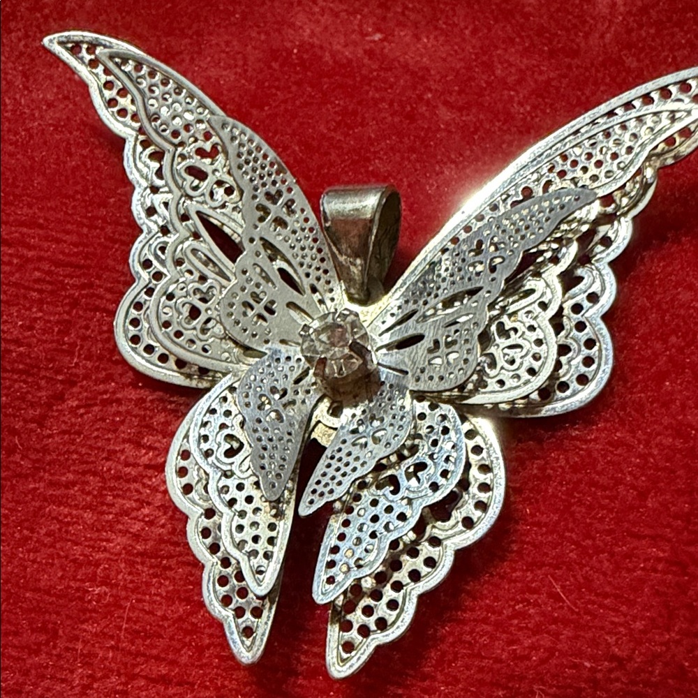 Pendant Vintage Delicate  Sterling Silver Butterfly Pendant with Clear Stone